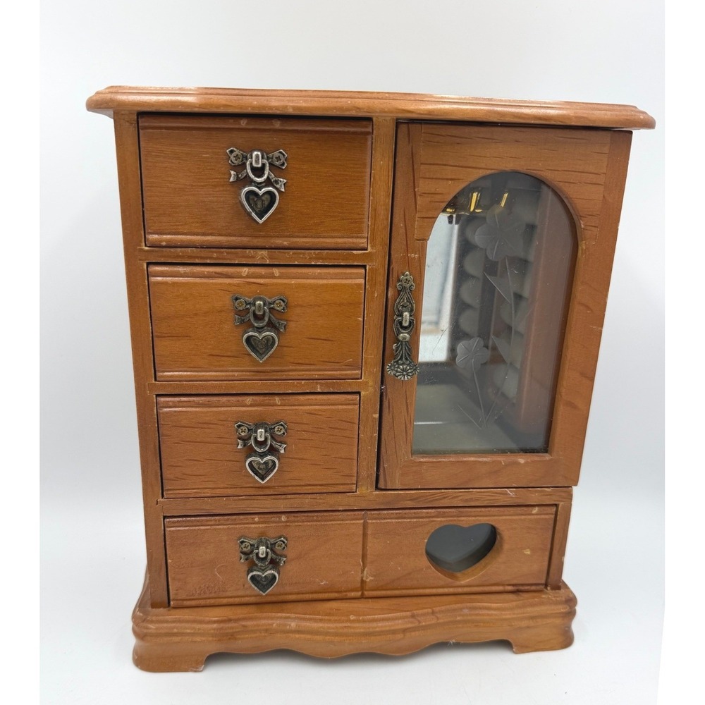 Vintage Wooden Jewelry Box Armoire Heart Pulls Glass Door Floral Etched Brown